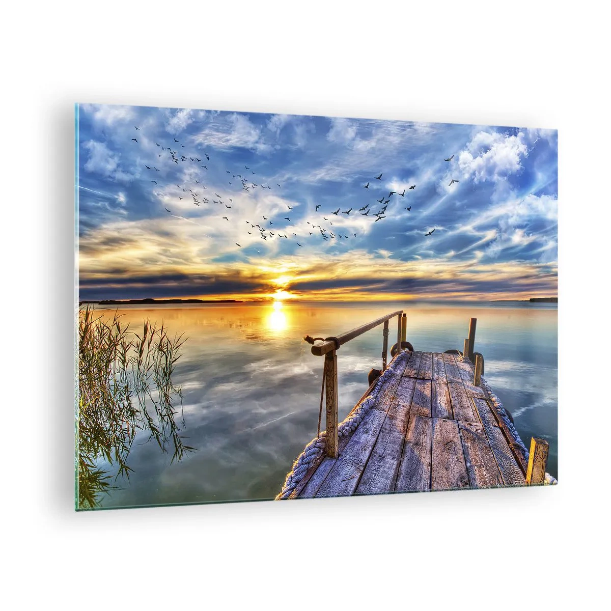 Quadro su vetro - Molo sul lago al tramonto con uccelli nel cielo - 70x50cm - Il vento è andato a dormire - Decorazione murale moderna per soggiorno e camera da letto ARTTOR