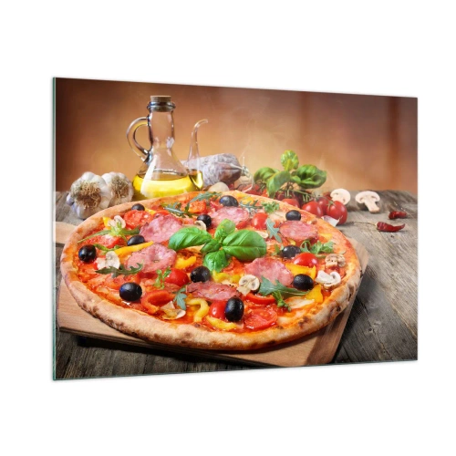 Quadro su vetro - Pizza con condimenti su un tavolo di legno con olio d'oliva e spezie - 100x70cm - Con gusto veramente italiano - Decorazione murale moderna per soggiorno e camera da letto ARTTOR