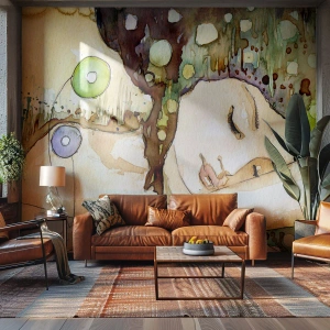 Fotomurali Premium Sand - Illustrazione ad acquerello di una donna addormentata in un ambiente astratto - 100x70cm - Sogno smeraldo e viola - Decorazione murale moderna per soggiorno e camera da letto ARTTOR