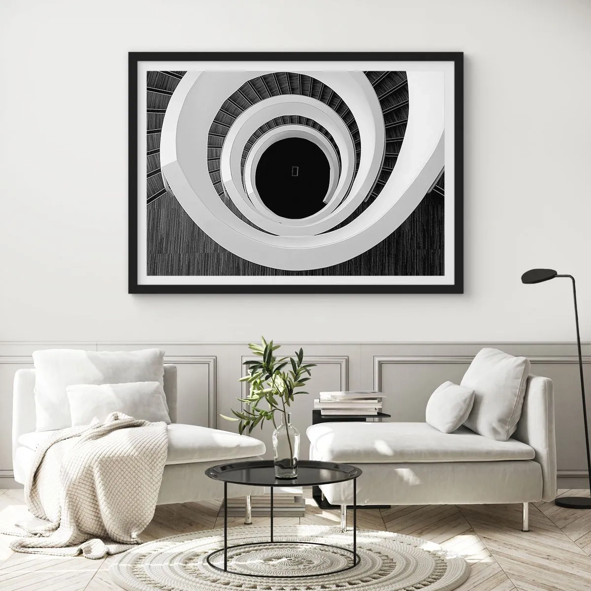 Poster in cornice nera - Scala a chiocciola bianca e nera in stile moderno - 70x50cm - Verso l'essenza delle cose - Decorazione murale moderna per soggiorno e camera da letto ARTTOR