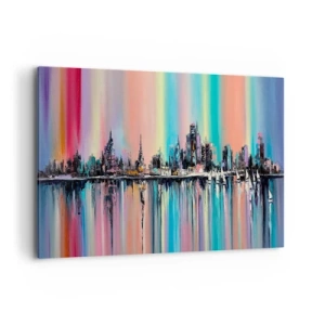 Quadro su tela - Stampe su Tela - Paesaggio urbano colorato con riflessi sull'acqua - 120x80cm - Fluttuare alle luci della notte - Decorazione murale moderna per soggiorno e camera da letto ARTTOR