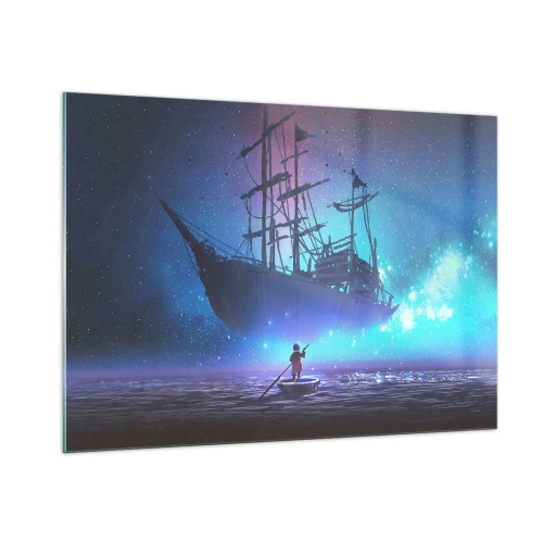 Quadro su vetro - Una nave notturna che galleggia sull'acqua in un'aura magica - 100x70cm - Incontro con il mito del mare - Decorazione murale moderna per soggiorno e camera da letto ARTTOR