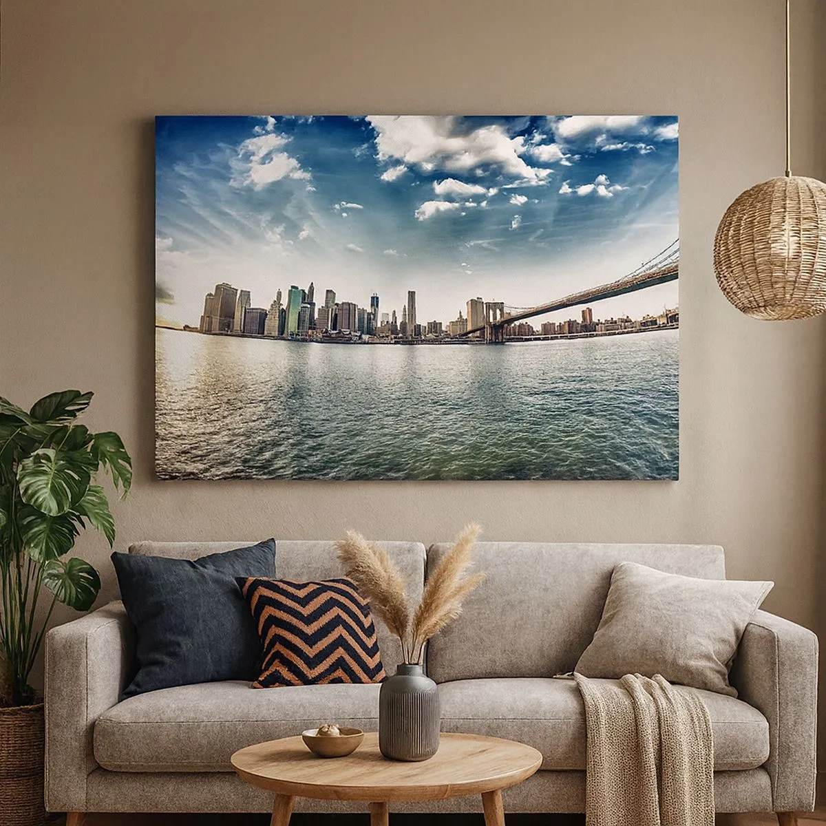 Quadro su tela - Stampe su Tela - Panorama della città con un ponte contro il cielo blu - 70x50cm - L'isola di vetro - Decorazione murale moderna per soggiorno e camera da letto ARTTOR