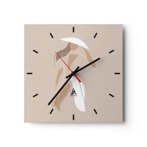 Orologio da parete - Orologio in Vetro - Un disegno minimalista di una donna con un cappello su uno sfondo beige. - 30x30cm - La moda è un gioco - Decorazione murale moderna per soggiorno e camera da letto ARTTOR