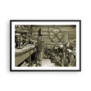 Poster in cornice nera - Officina retrò con motociclette e attrezzi - 70x50cm - Nel capanno di zio Alfredo - Decorazione murale moderna per soggiorno e camera da letto ARTTOR