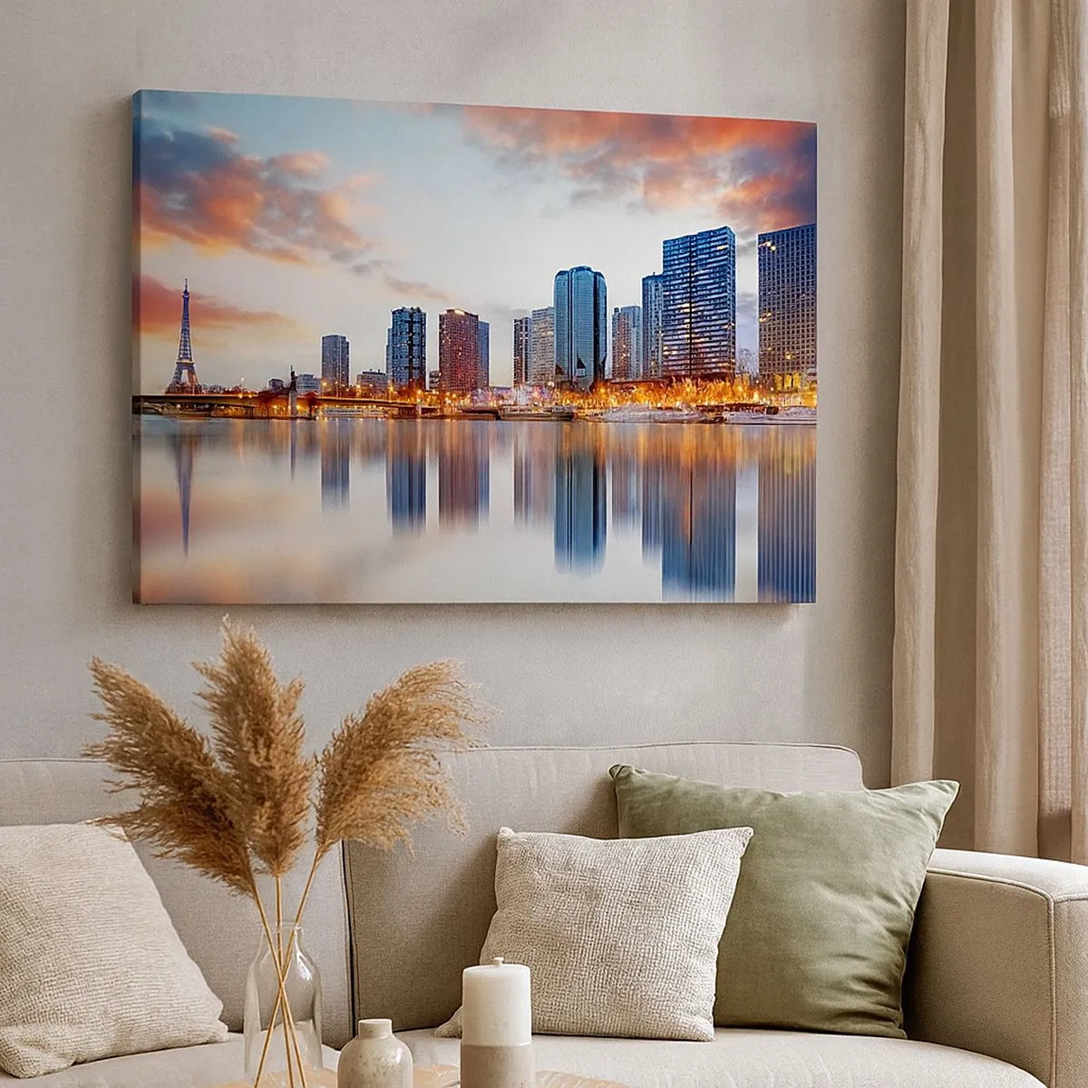 Quadro su tela - Stampe su Tela - Panorama di edifici moderni e della Torre Eiffel sull'acqua - 70x50cm - La pace monumentale di Parigi - Decorazione murale moderna per soggiorno e camera da letto ARTTOR