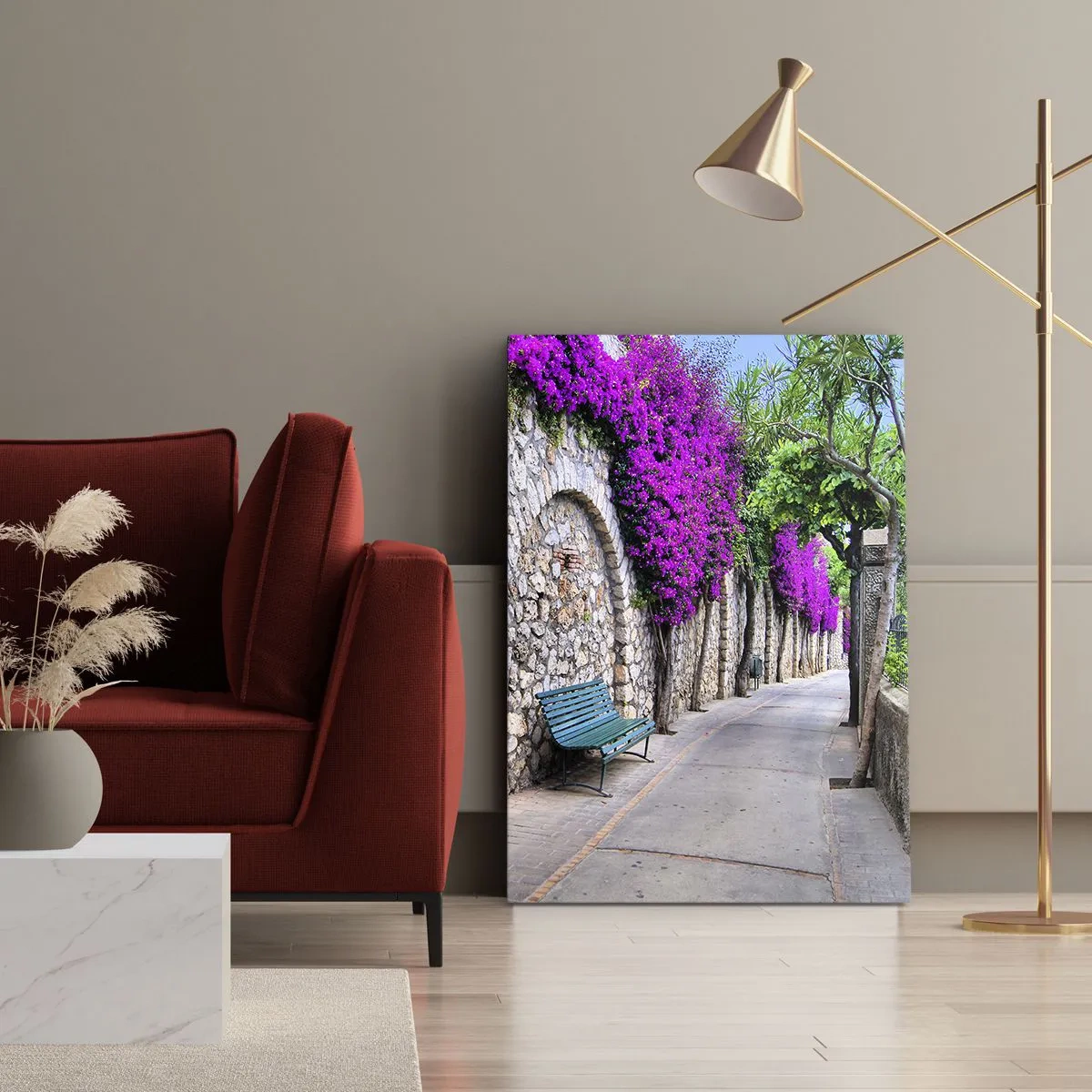 Quadro su tela - Stampe su Tela - Un sentiero in pietra con una panchina e fiori viola in fiore - 50x70cm - Incontriamoci al più presto - Decorazione murale moderna per soggiorno e camera da letto ARTTOR