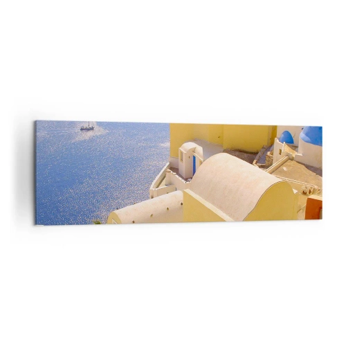 Quadro su tela - Stampe su Tela - Architettura greca con vista sul mare e una barca sullo sfondo - 160x50cm - Paesaggio greco in bianco e blu - Decorazione murale moderna per soggiorno e camera da letto ARTTOR