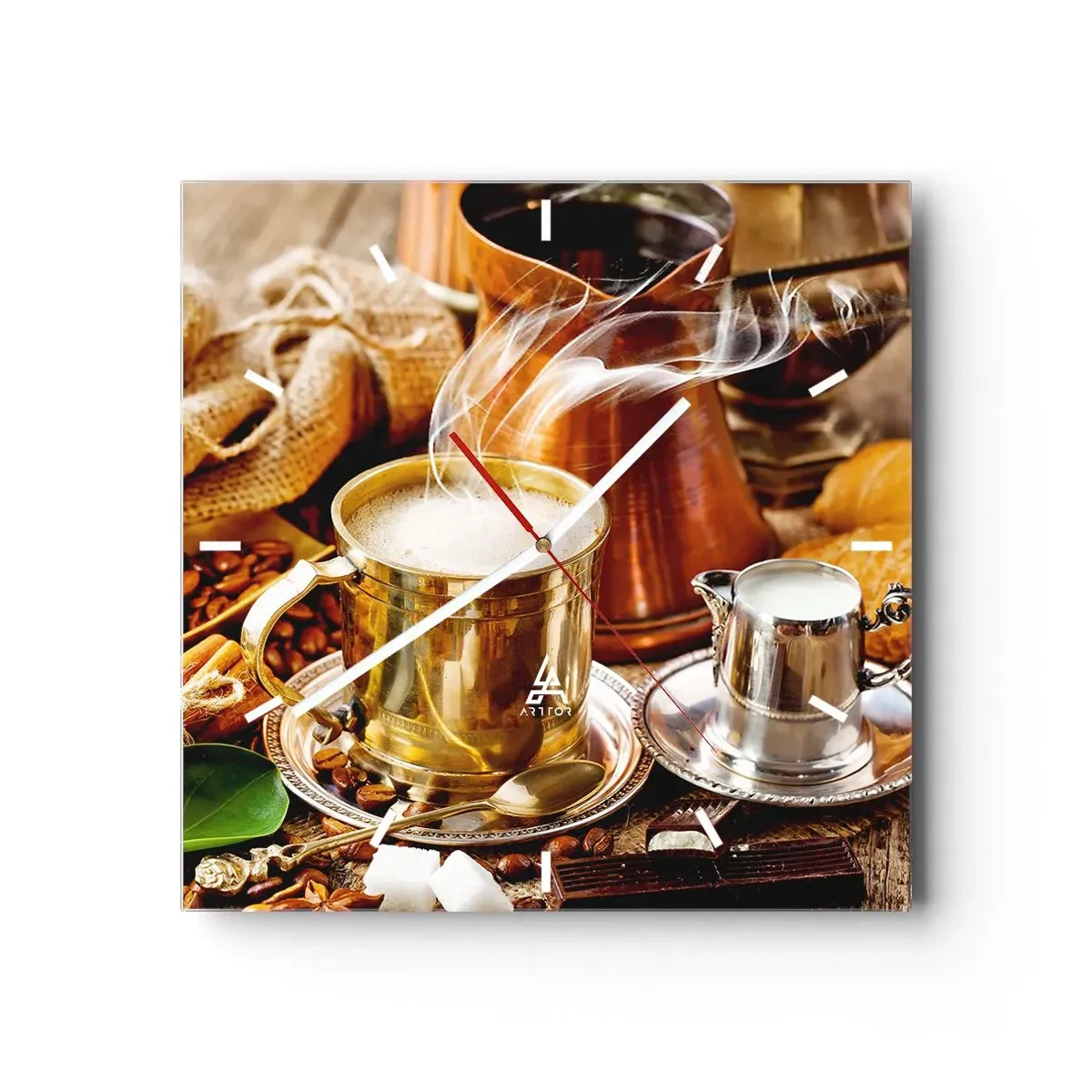 Orologio da parete - Orologio in Vetro - Una tazza di caffè dorata circondata da chicchi, brocche e croissant - 30x30cm - Buona giornata! - Decorazione murale moderna per soggiorno e camera da letto ARTTOR
