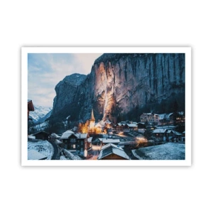 Poster - Un pittoresco villaggio invernale circondato dalle montagne - 100x70cm - Lo spirito luminoso dell'inverno - Decorazione murale moderna per soggiorno e camera da letto ARTTOR