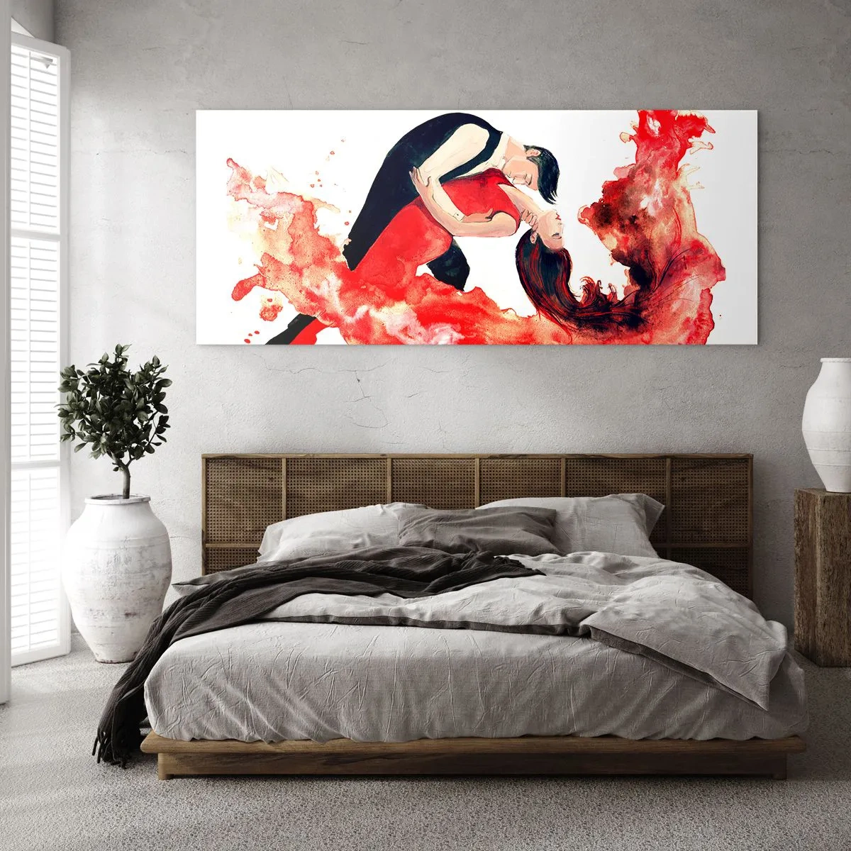Quadro su vetro - Un dinamico dipinto ad acquerello raffigurante una coppia che balla nei toni del rosso. - 140x50cm - Tango: un'onda di passione - Decorazione murale moderna per soggiorno e camera da letto ARTTOR