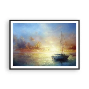 Poster in cornice nera - Uno yacht su un mare calmo al tramonto - 100x70cm - Nella baia dorata - Decorazione murale moderna per soggiorno e camera da letto ARTTOR