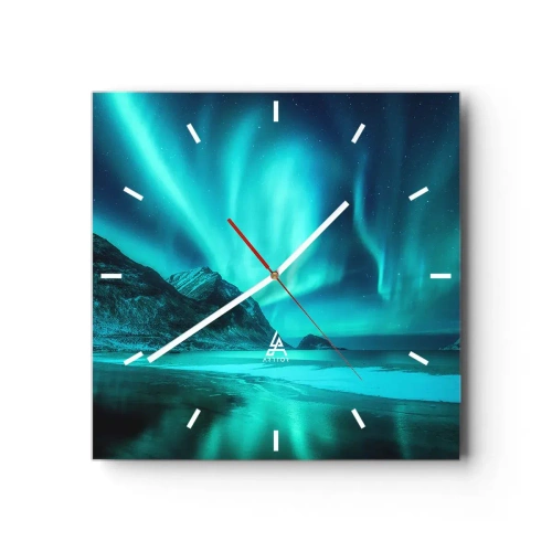 Orologio da parete - Orologio in Vetro - Aurora boreale su un paesaggio invernale montuoso - 30x30cm - Miracolo del Nord - Decorazione murale moderna per soggiorno e camera da letto ARTTOR