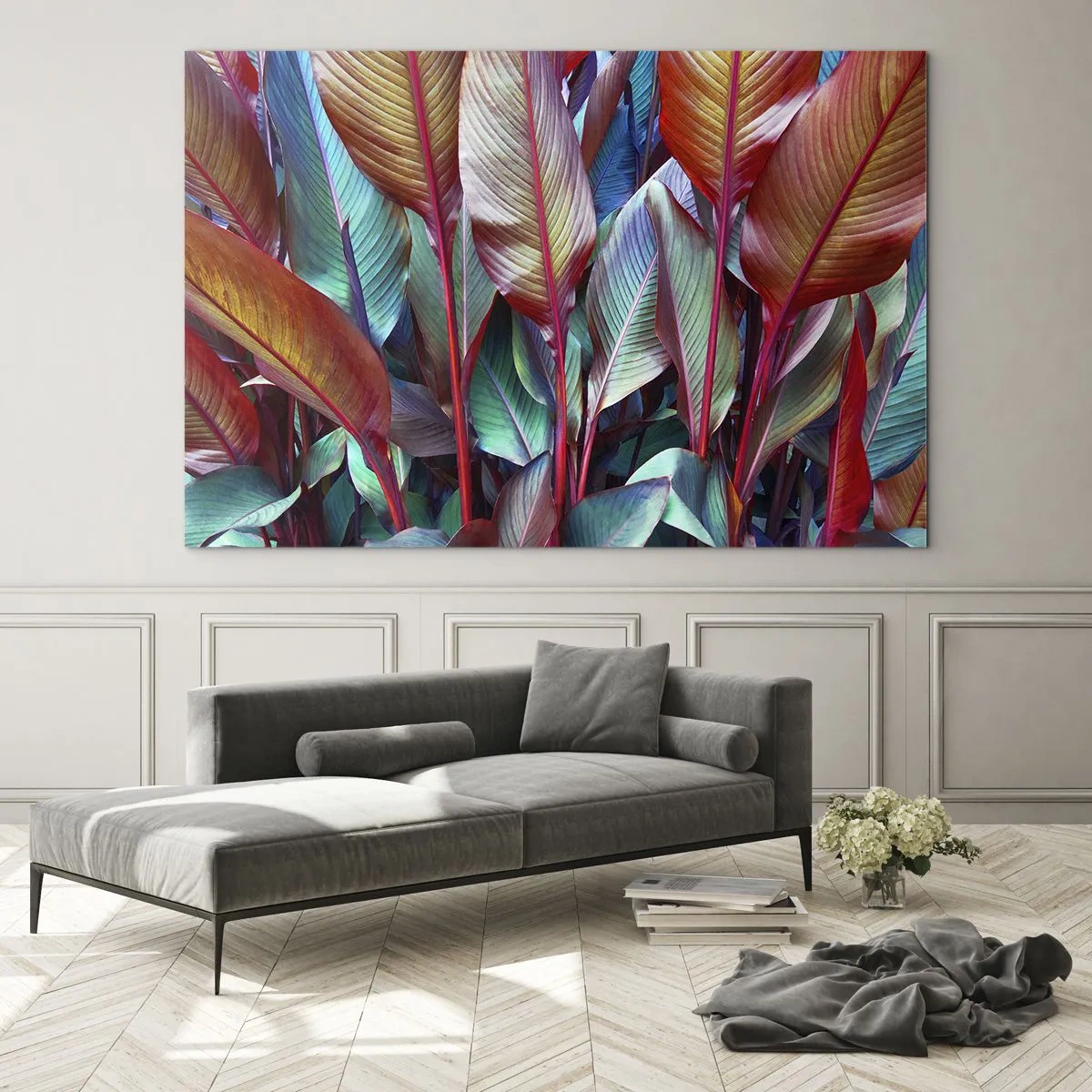 Quadro su vetro - Un colorato groviglio di foglie nelle tonalità del rosso, verde e viola - 120x80cm - Selva colorata - Decorazione murale moderna per soggiorno e camera da letto ARTTOR