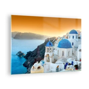 Quadro su vetro - Vista di Santorini con le sue cupole blu e le scogliere - 70x50cm - Santorini: aggrappate alle rocce - Decorazione murale moderna per soggiorno e camera da letto ARTTOR