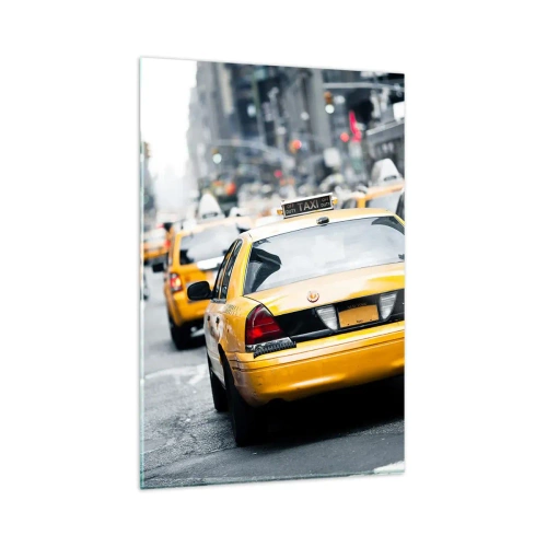 Quadro su vetro - Taxi gialli in una trafficata strada cittadina nel centro della metropoli - 80x120cm - Solamente in questa città - Decorazione murale moderna per soggiorno e camera da letto ARTTOR