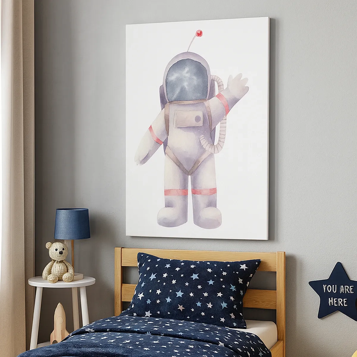 Quadro su tela - Stampe su Tela - Astronauta in stile acquerello su sfondo bianco - 50x70cm - Ci vediamo! - Decorazione murale moderna per soggiorno e camera da letto ARTTOR