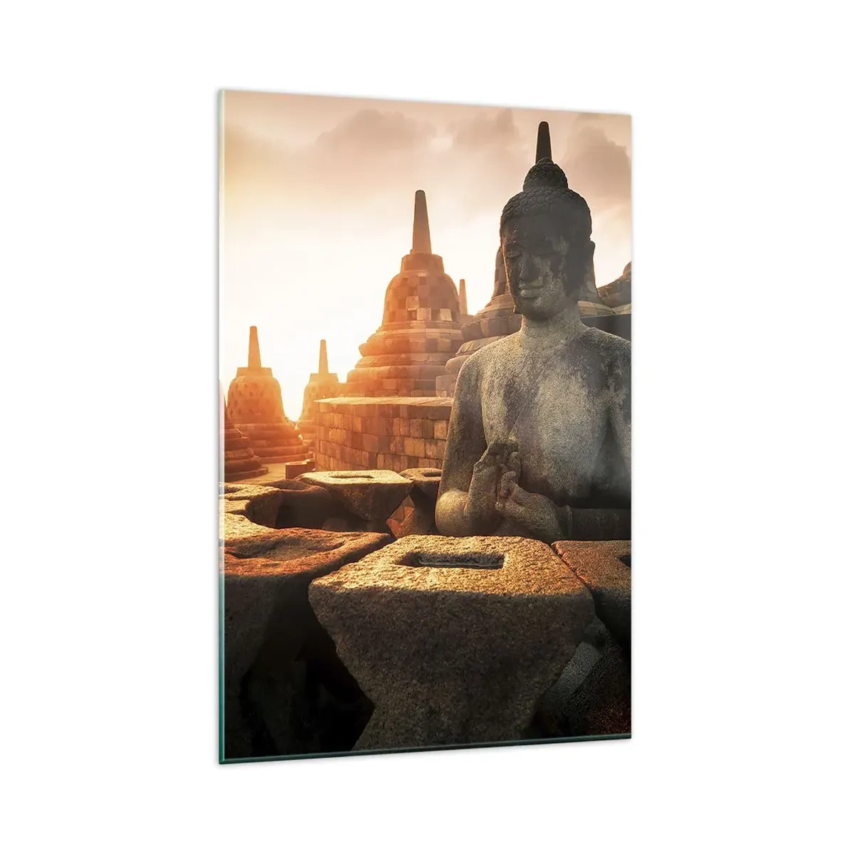 Quadro su vetro - Statua del Buddha al tempio di Borobudur al tramonto - 80x120cm - La pagoda della grande saggezza - Decorazione murale moderna per soggiorno e camera da letto ARTTOR