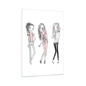Quadro su vetro - Illustrazione di ragazze alla moda in colori pastello - 80x120cm - Arriva la festa - Decorazione murale moderna per soggiorno e camera da letto ARTTOR
