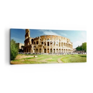 Quadro su tela - Stampe su Tela - Il Colosseo a Roma circondato dal verde e dal cielo azzurro - 120x50cm - Si sente ancora il rumore delle armi - Decorazione murale moderna per soggiorno e camera da letto ARTTOR