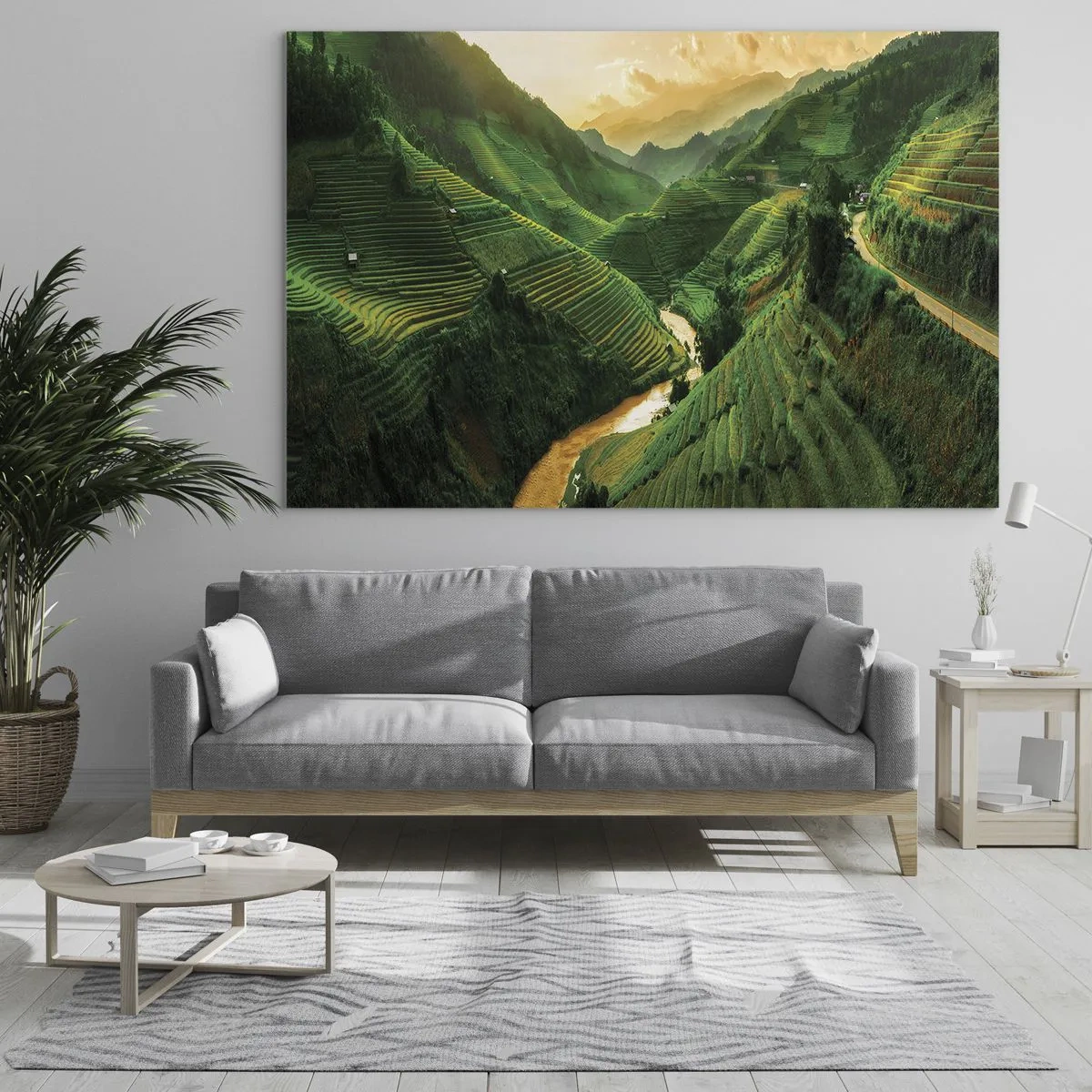 Quadro su vetro - Pittoresche terrazze di riso nella valle al tramonto - 100x70cm - Valle del Vietnam - Decorazione murale moderna per soggiorno e camera da letto ARTTOR