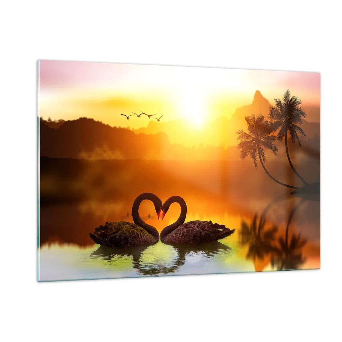 Quadro su vetro - Cigni neri sul lago al tramonto - 120x80cm - Tutto in coppia - Decorazione murale moderna per soggiorno e camera da letto ARTTOR