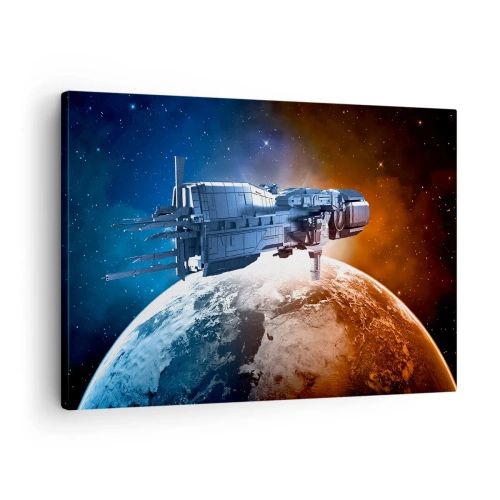 Quadro su tela - Stampe su Tela - Un'astronave sullo sfondo di un pianeta nello spazio - 70x50cm - Un attento osservatore - Decorazione murale moderna per soggiorno e camera da letto ARTTOR