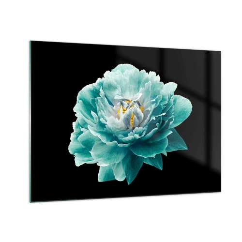 Quadro su vetro - Un fiore turchese con centro giallo su sfondo nero, in stile glamour. - 70x50cm - Petali blu e oro - Decorazione murale moderna per soggiorno e camera da letto ARTTOR