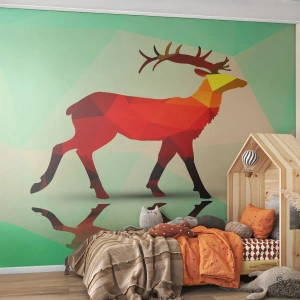 Fotomurali Premium Sand - Silhouette geometrica di un cervo su sfondo verde - 100x70cm - Il cervo geometrico - Decorazione murale moderna per soggiorno e camera da letto ARTTOR