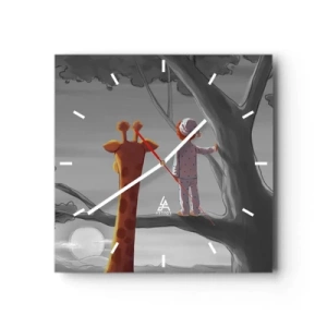 Orologio da parete - Orologio in Vetro - Un bambino e una giraffa su un ramo di un albero in un paesaggio da favola - 30x30cm - Sta succedendo davvero - Decorazione murale moderna per soggiorno e camera da letto ARTTOR