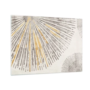 Quadro su vetro - Linee radiali nei toni dell'oro e del grigio su uno sfondo chiaro - 70x50cm - La bellezza dei raggi - Decorazione murale moderna per soggiorno e camera da letto ARTTOR