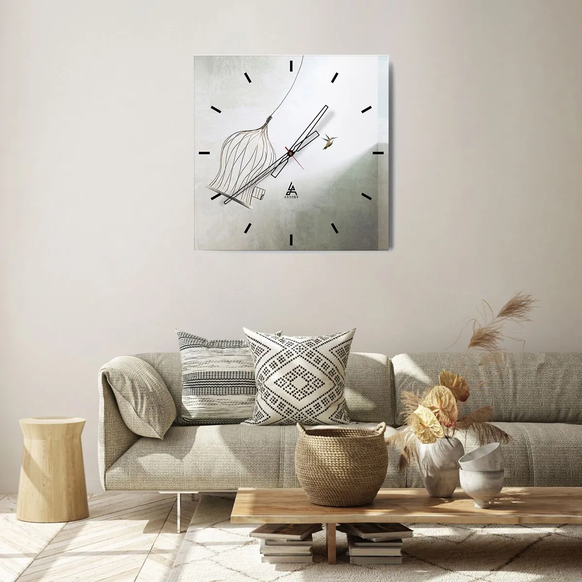 Orologio da parete - Orologio in Vetro - Un uccello liberato da una gabbia sullo sfondo di un cielo luminoso - 30x30cm - Nel proprio elemento - Decorazione murale moderna per soggiorno e camera da letto ARTTOR