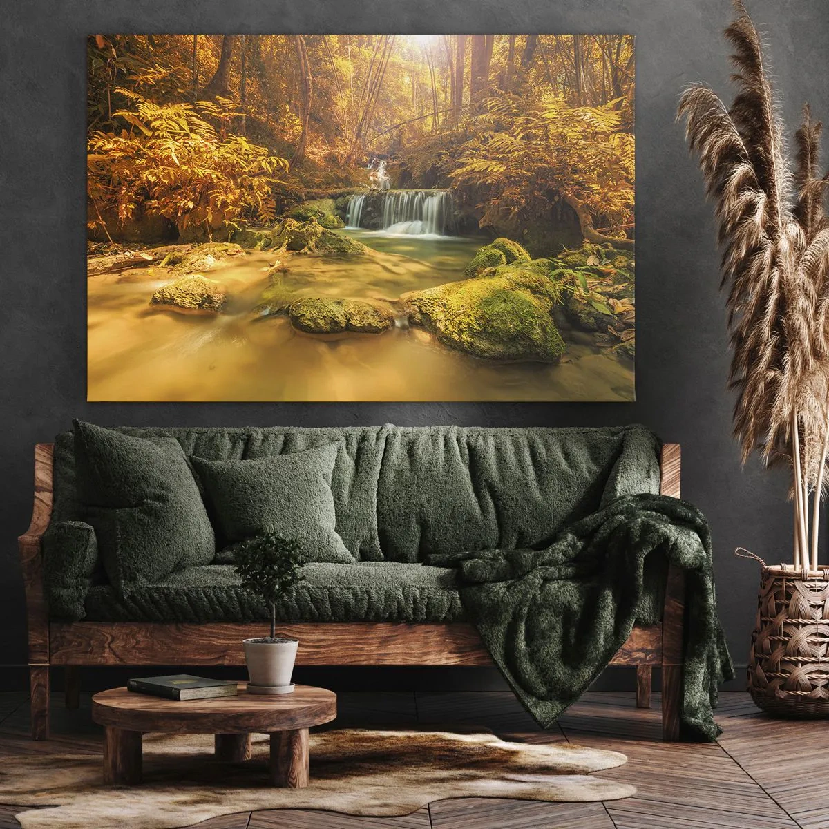 Quadro su tela - Stampe su Tela - Una cascata dorata in una foresta autunnale circondata dal verde - 70x50cm - Cascata boschiva in oro - Decorazione murale moderna per soggiorno e camera da letto ARTTOR