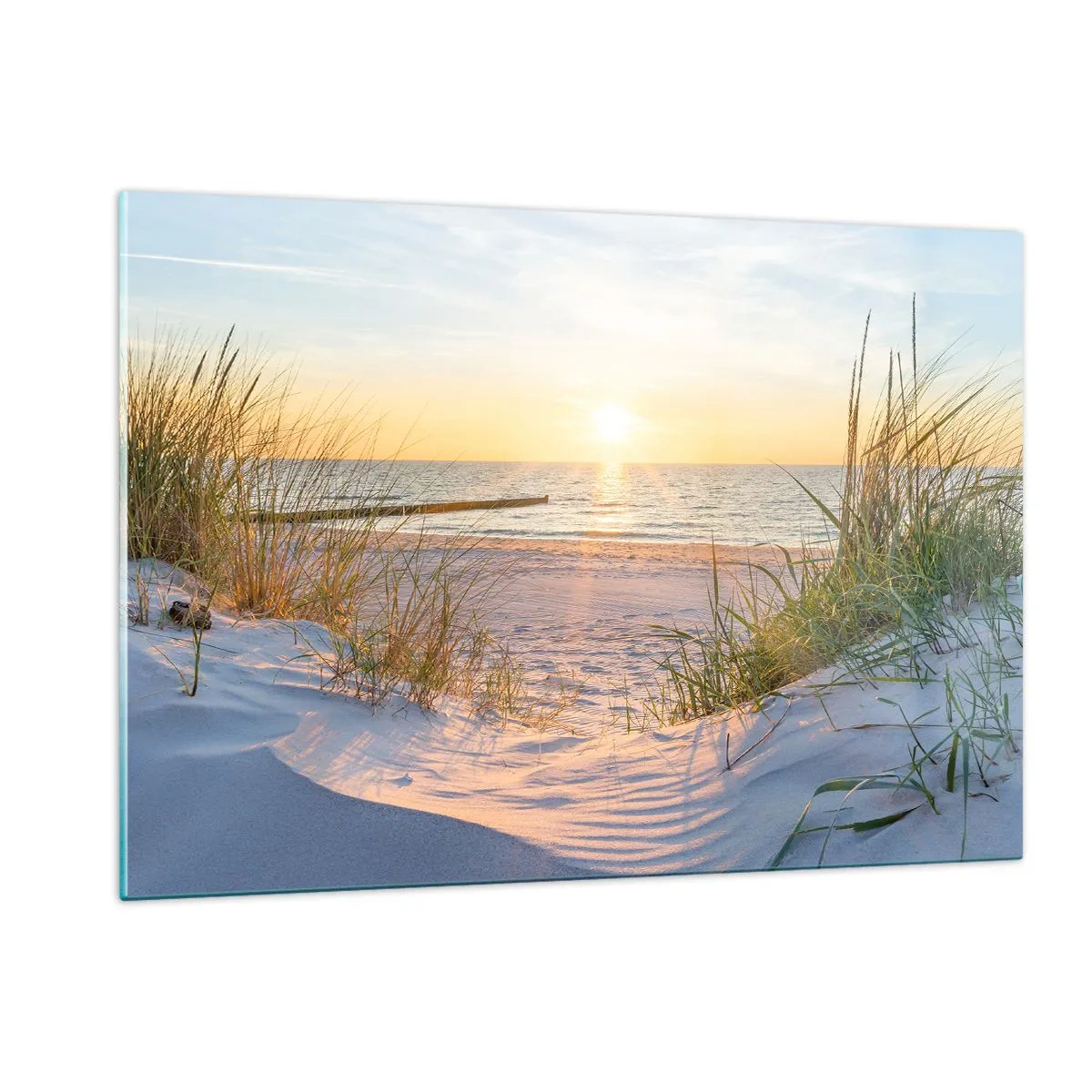 Quadro su vetro - Spiaggia al tramonto con vista sul mare e sulle dune - 120x80cm - Rumore del mare, uccelli che cantano, spiaggia selvatica tra i cespugli... - Decorazione murale moderna per soggiorno e camera da letto ARTTOR