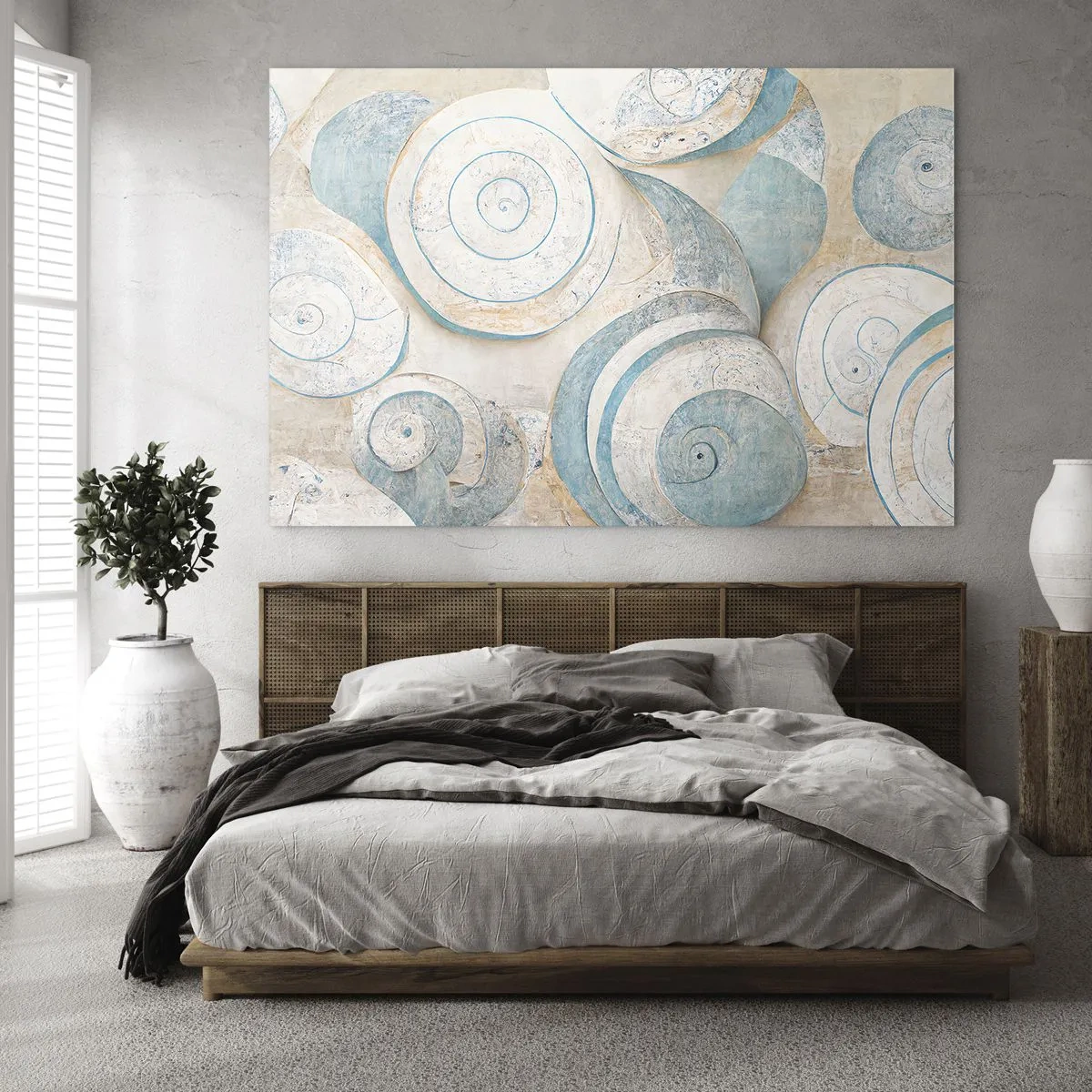 Quadro su vetro - Conchiglie in una tavolozza blu e beige su uno sfondo strutturato - 100x70cm - Cosa nasconde la chiocciola? - Decorazione murale moderna per soggiorno e camera da letto ARTTOR