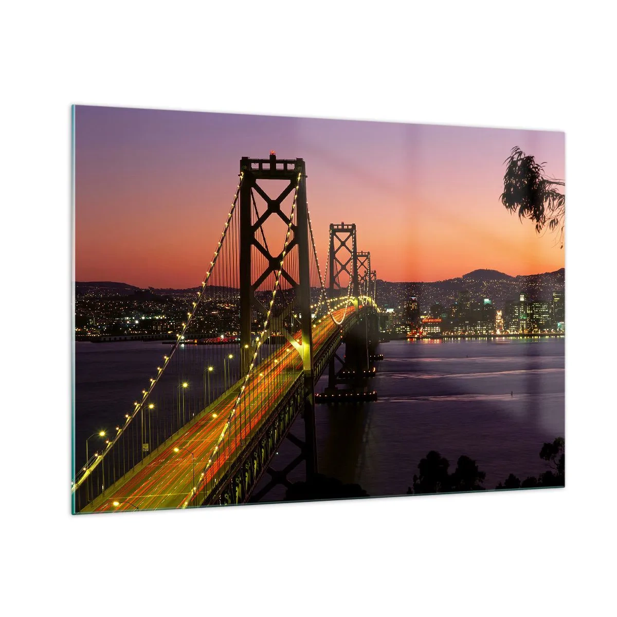 Quadro su vetro - Il ponte di notte in città e la luce del tramonto - 100x70cm - Serata in viola - Decorazione murale moderna per soggiorno e camera da letto ARTTOR