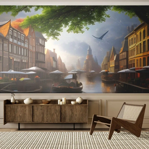 Fotomurale su misura Premium Canvas - Paesaggio urbano olandese - Città vecchia, Barche, Canale