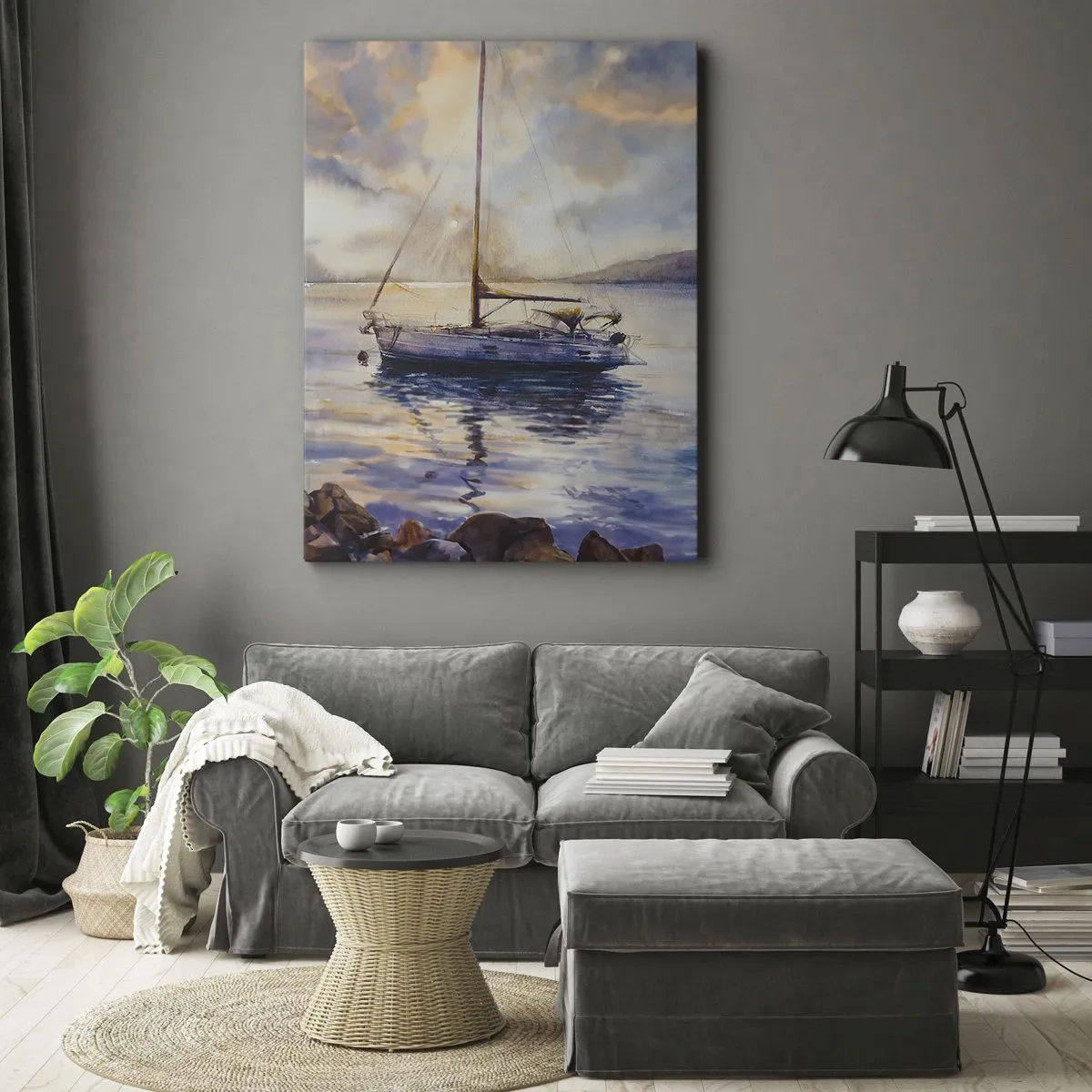Quadro su tela - Stampe su Tela - Uno yacht su un mare calmo al tramonto - 50x70cm - La sera nel golfo - Decorazione murale moderna per soggiorno e camera da letto ARTTOR