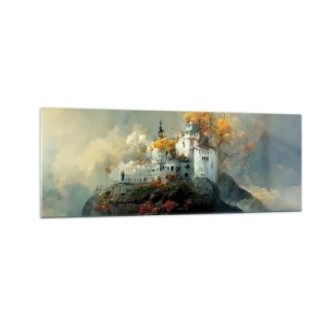 Quadro su vetro - Un castello su una collina circondato da alberi autunnali - 140x50cm - Inizio di una storia romantica - Decorazione murale moderna per soggiorno e camera da letto ARTTOR