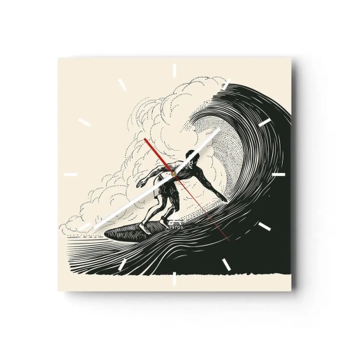 Orologio da parete - Orologio in Vetro - Grafica in bianco e nero di un surfista che cavalca un'onda - 30x30cm - Il re delle onde - Decorazione murale moderna per soggiorno e camera da letto ARTTOR