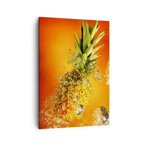 Quadro su tela - Stampe su Tela - Un ananas immerso nell'acqua su uno sfondo sfumato arancione. - 50x70cm - Succosa freschezza tropicale - Decorazione murale moderna per soggiorno e camera da letto ARTTOR