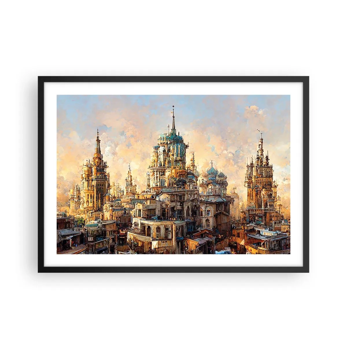 Poster in cornice nera - Torri architettoniche nei raggi del sole al tramonto - 70x50cm - La città delle città - Decorazione murale moderna per soggiorno e camera da letto ARTTOR