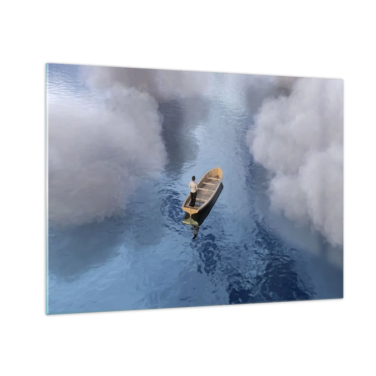 Quadro su vetro - Un uomo su una barca che naviga nell'acqua tra le nuvole - 70x50cm - Vita - viaggio - incertezza  - Decorazione murale moderna per soggiorno e camera da letto ARTTOR