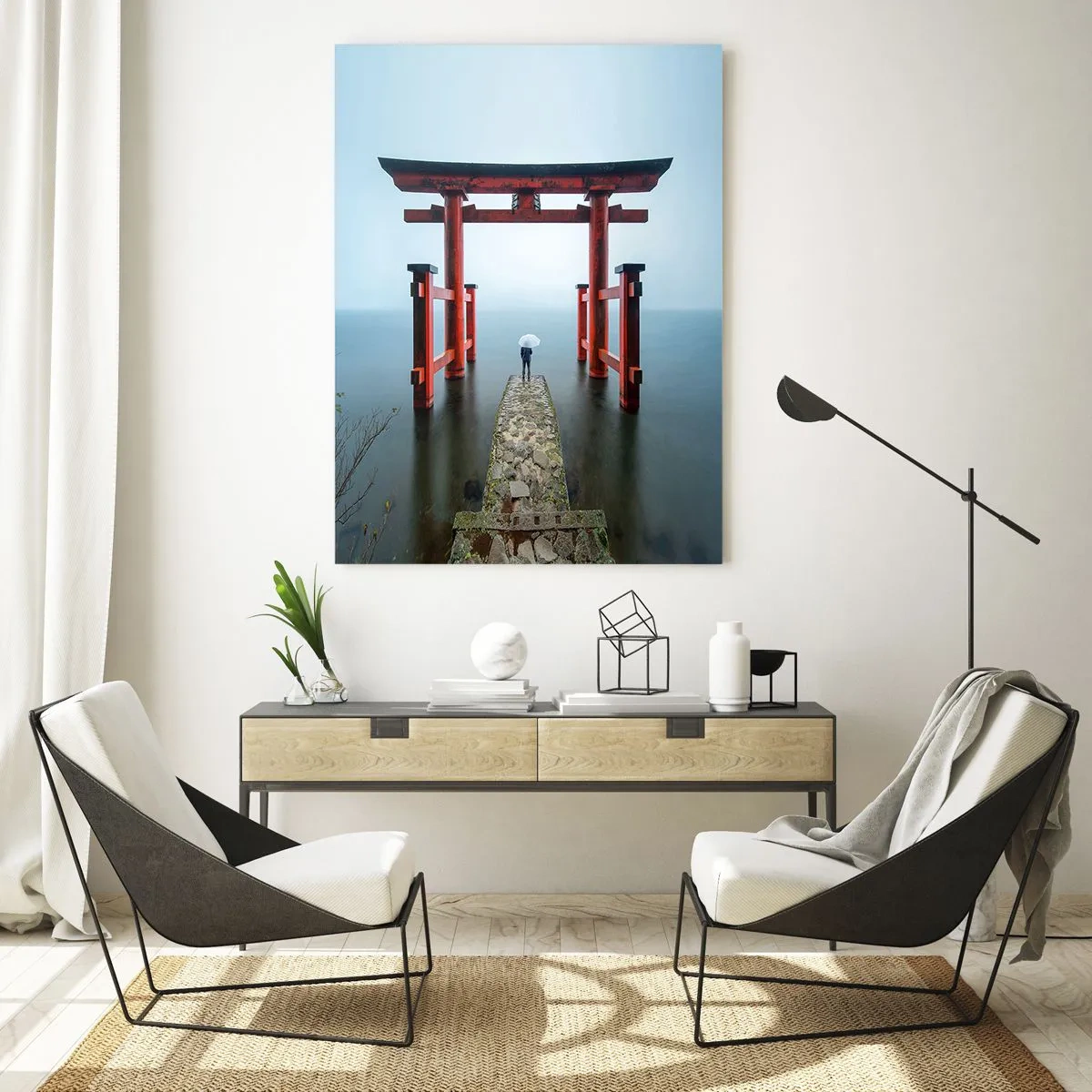 Quadro su vetro - Un torii rosso su acque calme in un ambiente nebbioso - 50x70cm - Meditazione giapponese - Decorazione murale moderna per soggiorno e camera da letto ARTTOR