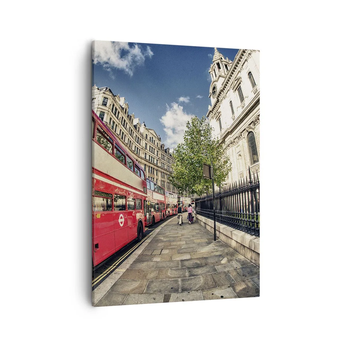 Quadro su tela - Stampe su Tela - Autobus rosso a due piani a Londra vicino alla strada e alla cattedrale - 50x70cm - Via di Londra in grigio e rosso - Decorazione murale moderna per soggiorno e camera da letto ARTTOR