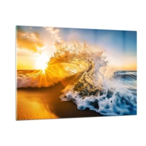 Quadro su vetro - Un'onda che si infrange sulla riva, illuminata dai raggi del sole al tramonto - 120x80cm - Gioco sulla sabbia - Decorazione murale moderna per soggiorno e camera da letto ARTTOR