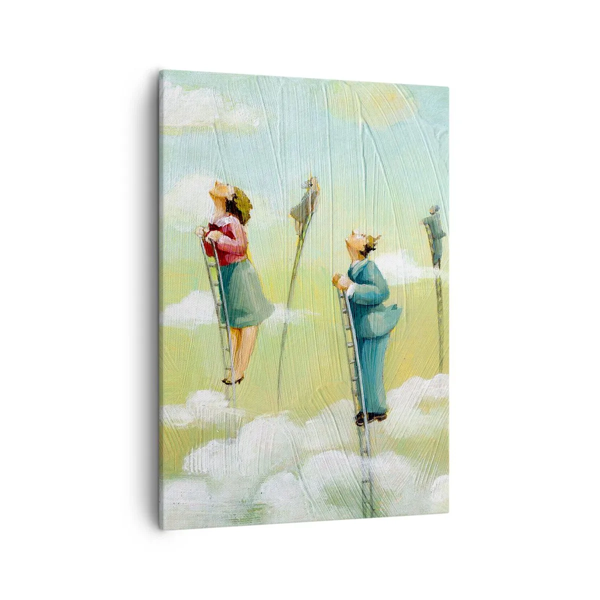Quadro su tela - Stampe su Tela - Figure che salgono scale tra le nuvole su uno sfondo pastello. - 50x70cm - Seguendo i propri sogni - Decorazione murale moderna per soggiorno e camera da letto ARTTOR