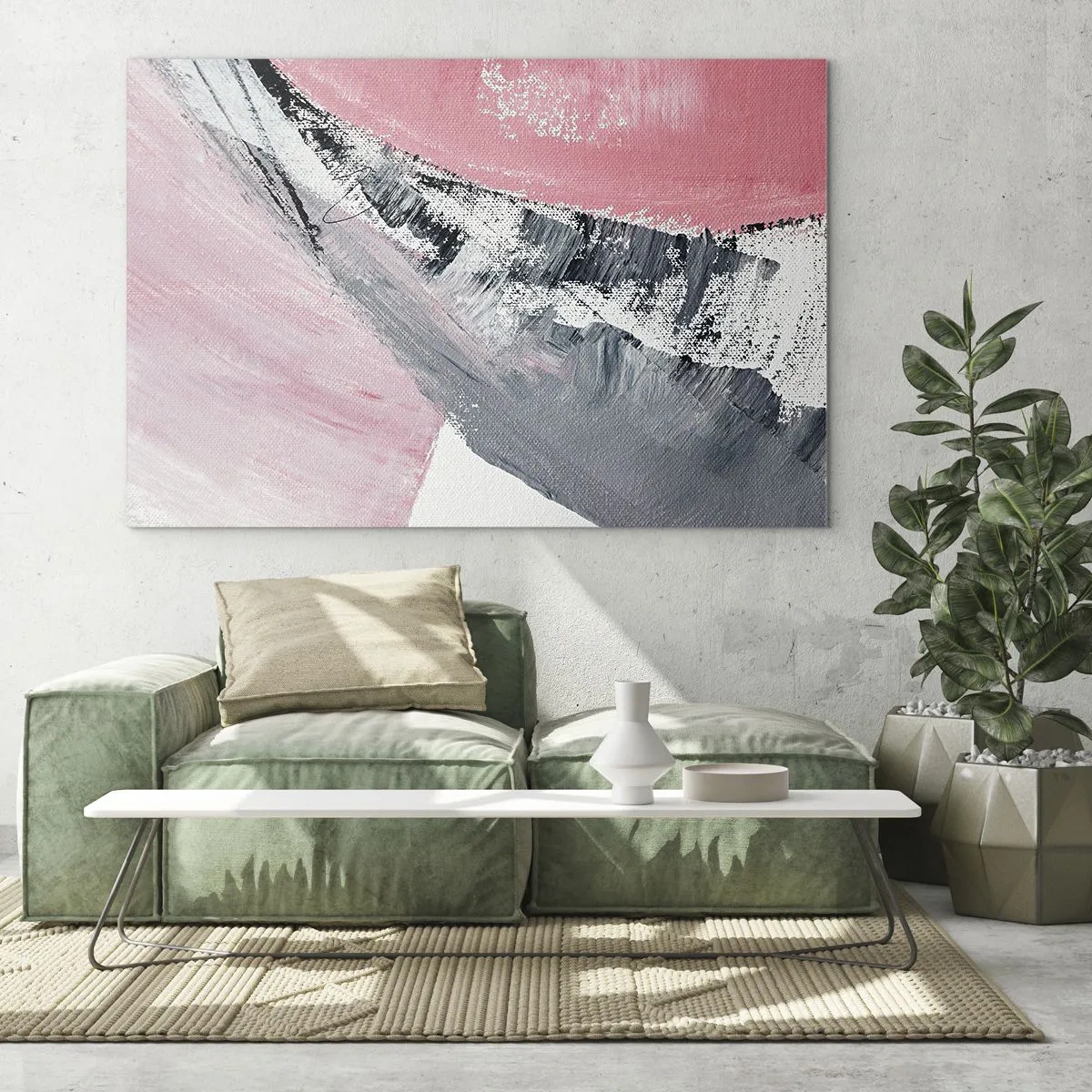 Quadro su vetro - Astrazione moderna in rosa, bianco e grigio con texture a pennellate - 70x50cm - Composizione abbinata - Decorazione murale moderna per soggiorno e camera da letto ARTTOR