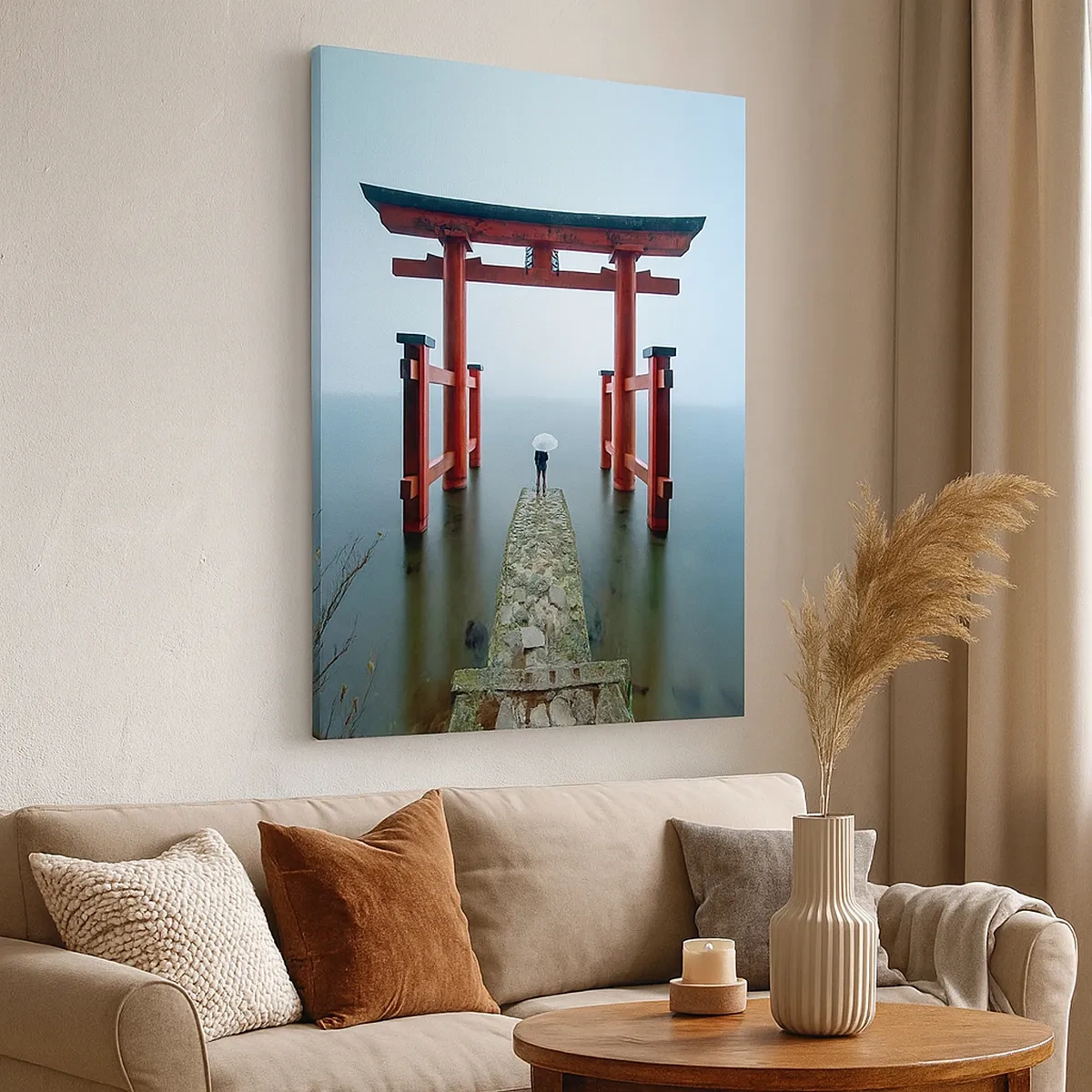 Quadro su tela - Stampe su Tela - Un cancello torii che si affaccia su un tranquillo lago in Giappone - 50x70cm - Meditazione giapponese - Decorazione murale moderna per soggiorno e camera da letto ARTTOR