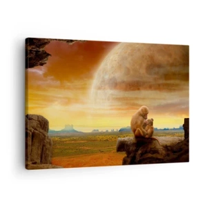 Quadro su tela - Stampe su Tela - Scimmie sedute su una roccia in un paesaggio surreale con un pianeta gigante - 70x50cm - L'amore è ovunque lo stesso - Decorazione murale moderna per soggiorno e camera da letto ARTTOR